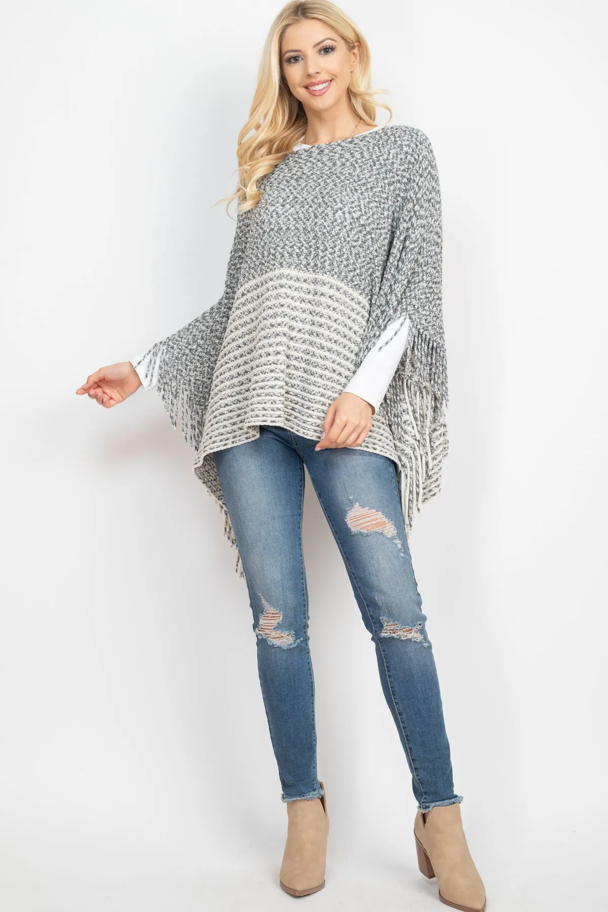 KNITTED TWO TONE STRIPED FRINGE PONCH