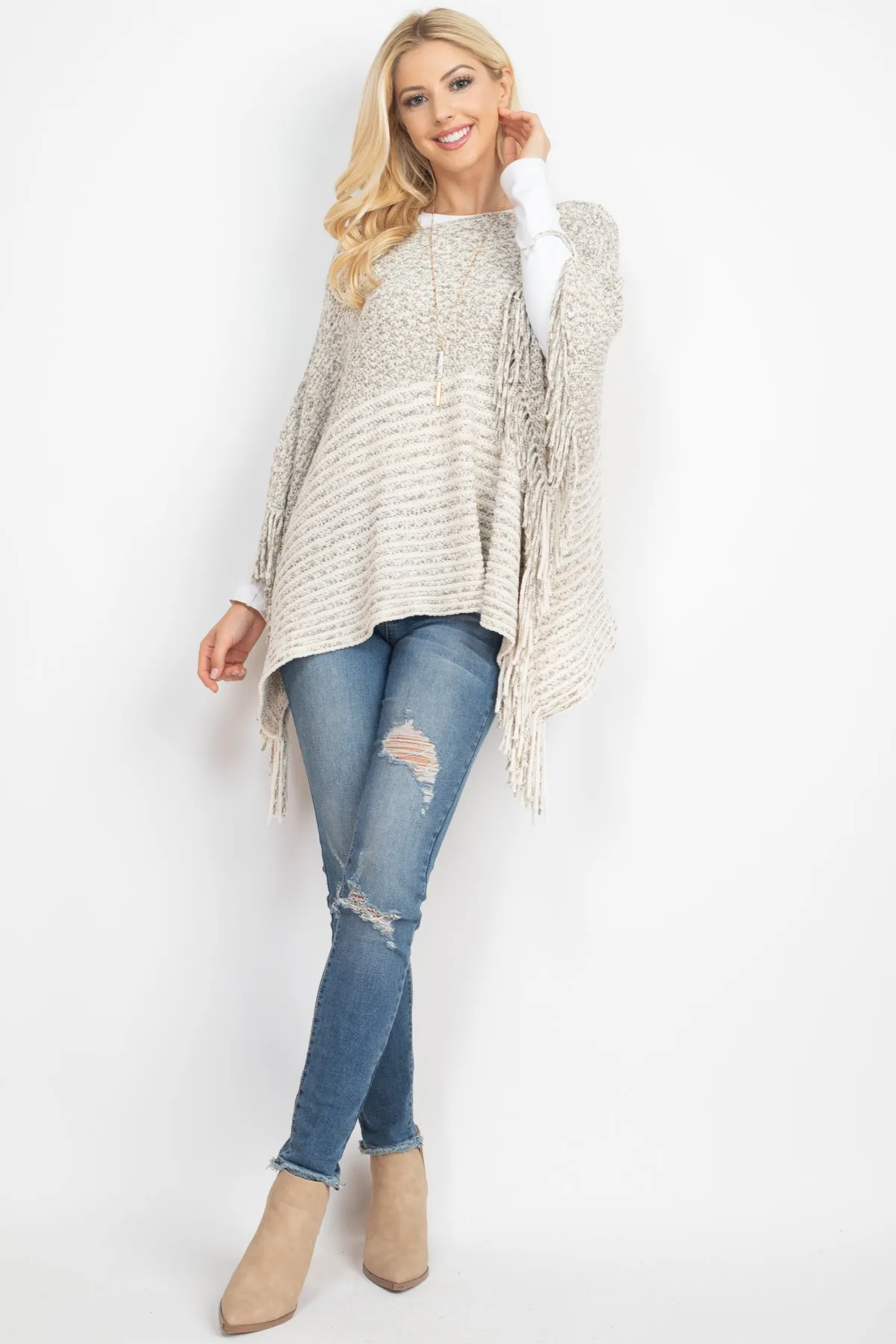 KNITTED TWO TONE STRIPED FRINGE PONCH