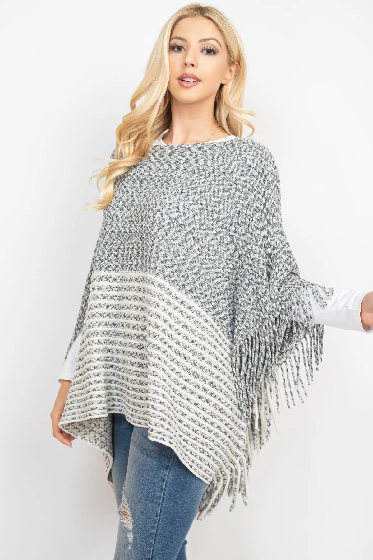 KNITTED TWO TONE STRIPED FRINGE PONCH