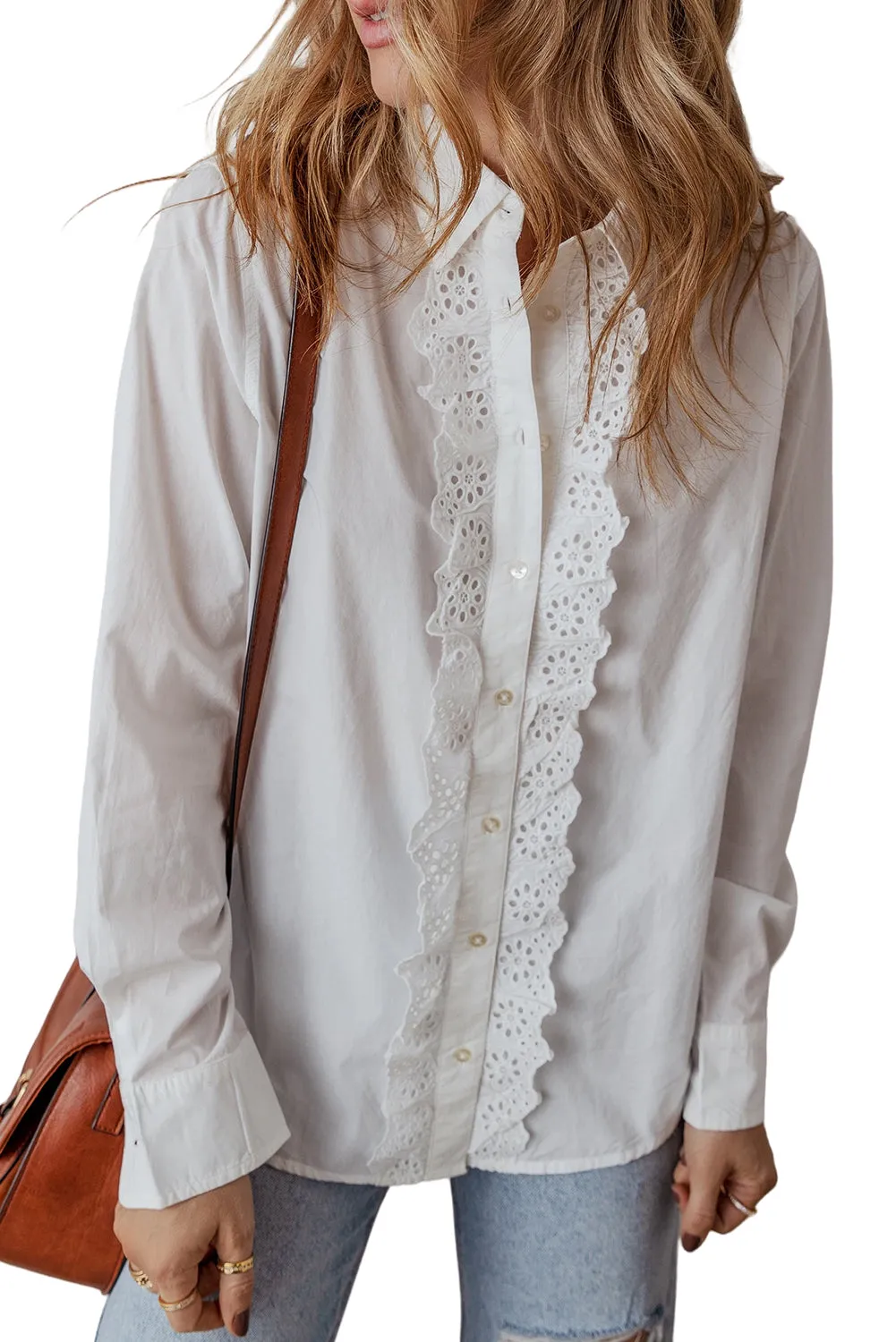 Lace Crochet Trim  Buttoned Shirt