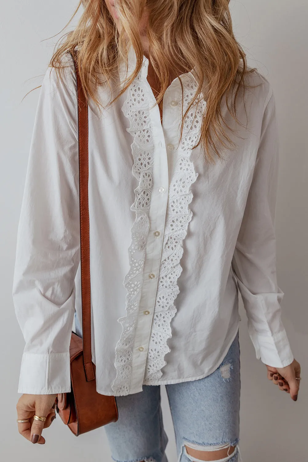 Lace Crochet Trim  Buttoned Shirt