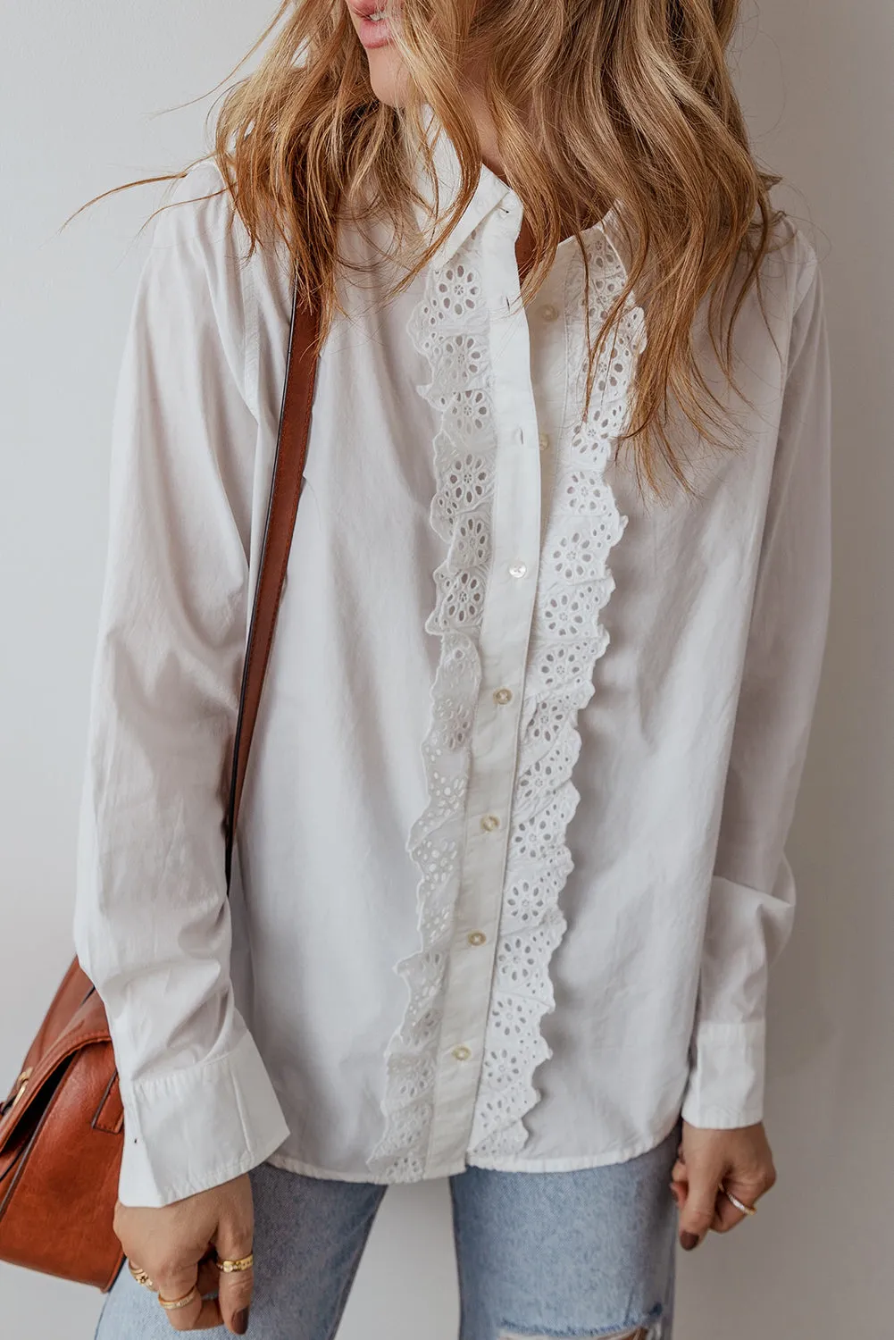 Lace Crochet Trim  Buttoned Shirt