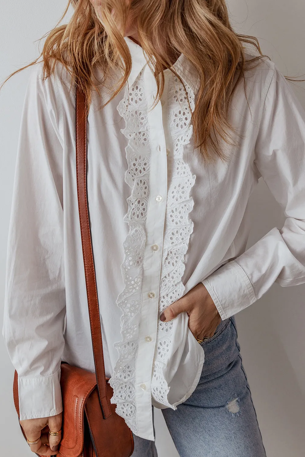 Lace Crochet Trim  Buttoned Shirt