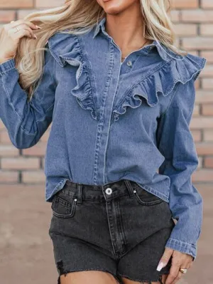 Lacey Ruffled Collared Neck Long Sleeve Denim Top