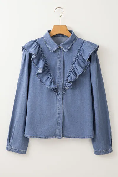 Lacey Ruffled Collared Neck Long Sleeve Denim Top