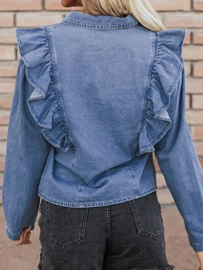 Lacey Ruffled Collared Neck Long Sleeve Denim Top