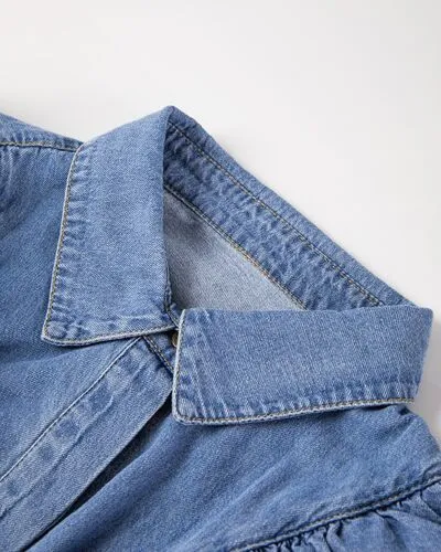 Lacey Ruffled Collared Neck Long Sleeve Denim Top