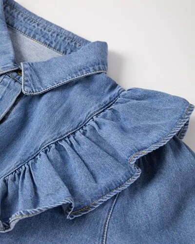 Lacey Ruffled Collared Neck Long Sleeve Denim Top