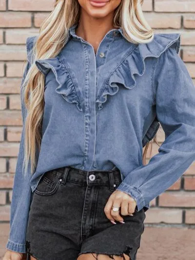 Lacey Ruffled Collared Neck Long Sleeve Denim Top