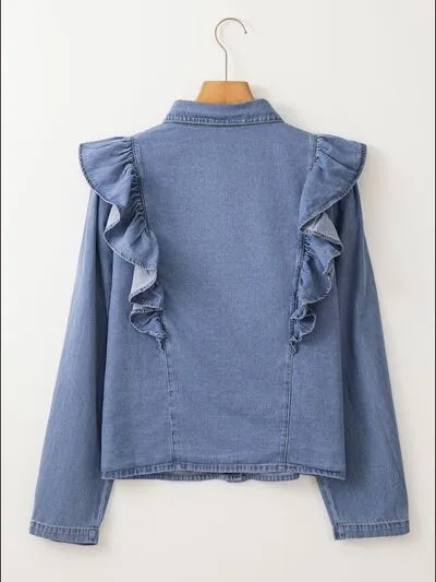 Lacey Ruffled Collared Neck Long Sleeve Denim Top