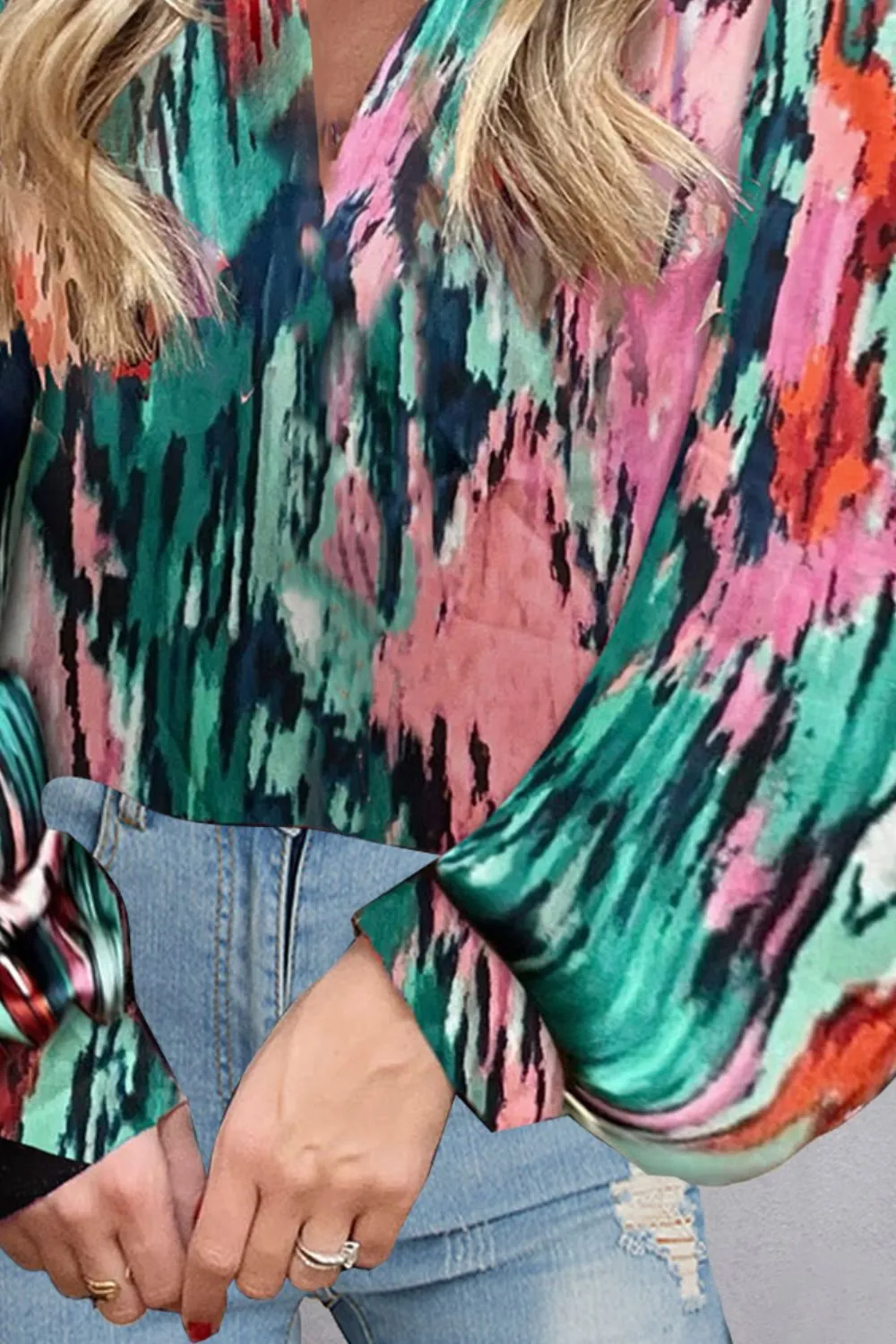 Landry Printed V-Neck Long Sleeve Blouse