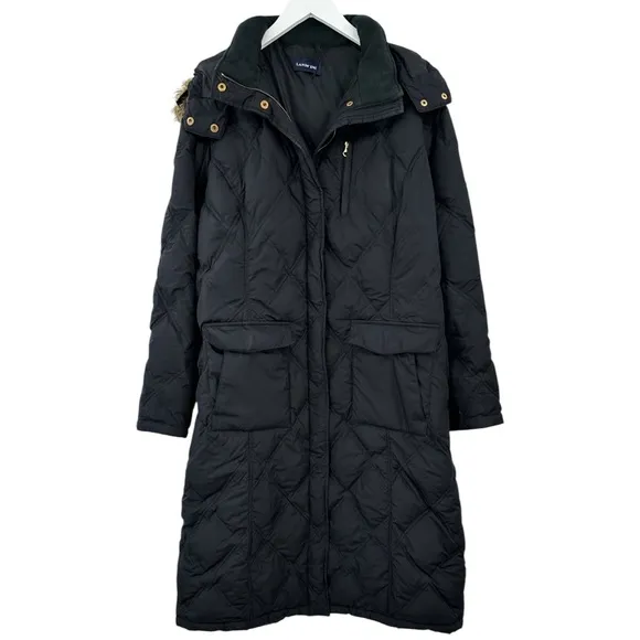 Lands End Black Diamond Quilted Faux Fur Trim Hood Goose Down Puffer Coat sz 2X
