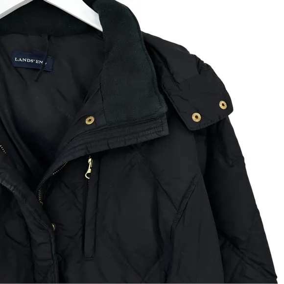 Lands End Black Diamond Quilted Faux Fur Trim Hood Goose Down Puffer Coat sz 2X