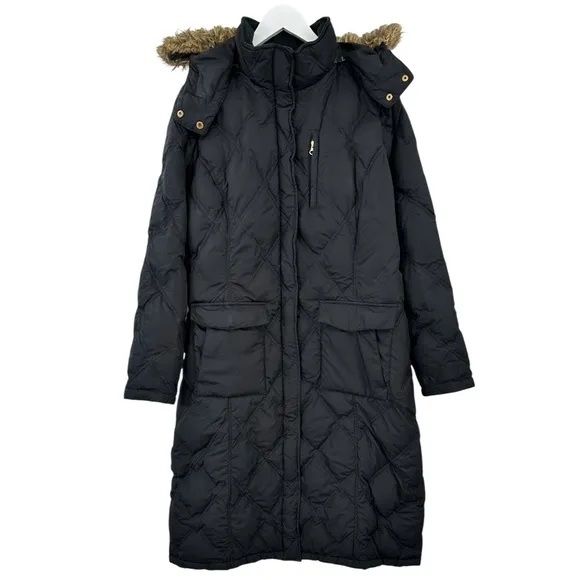 Lands End Black Diamond Quilted Faux Fur Trim Hood Goose Down Puffer Coat sz 2X