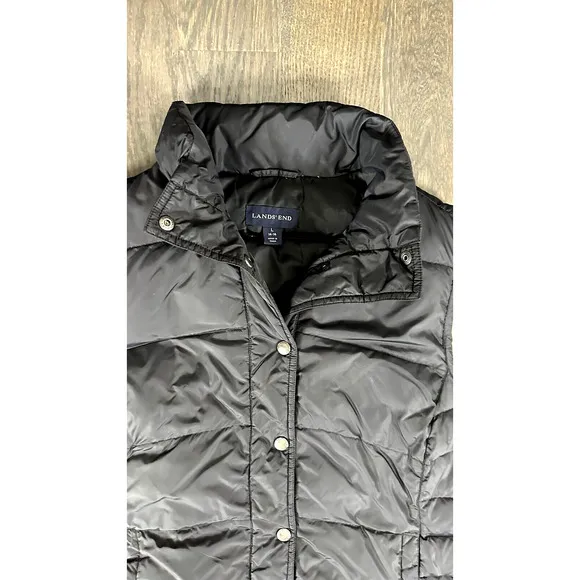 Lands End Goose Down Puffer Vest Insulated Snap Buttons Black sz L 14- 16