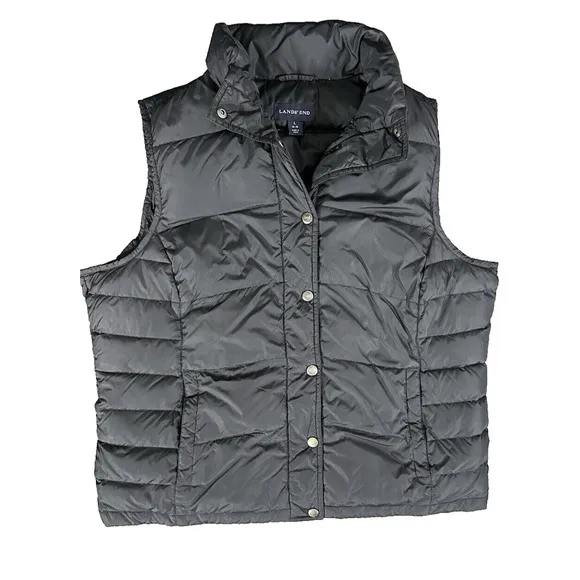 Lands End Goose Down Puffer Vest Insulated Snap Buttons Black sz L 14- 16