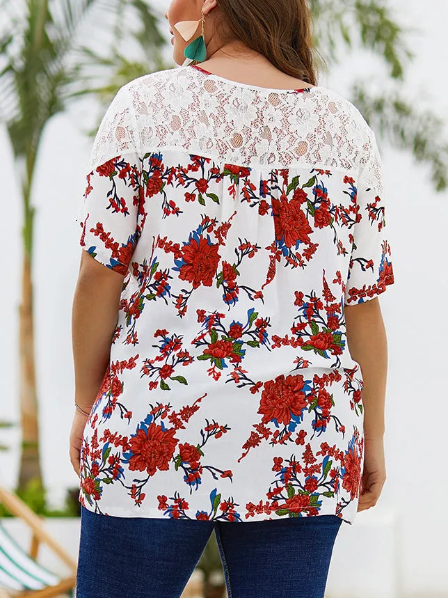 Large Size Lace Stitching Printed Chiffon Shirt