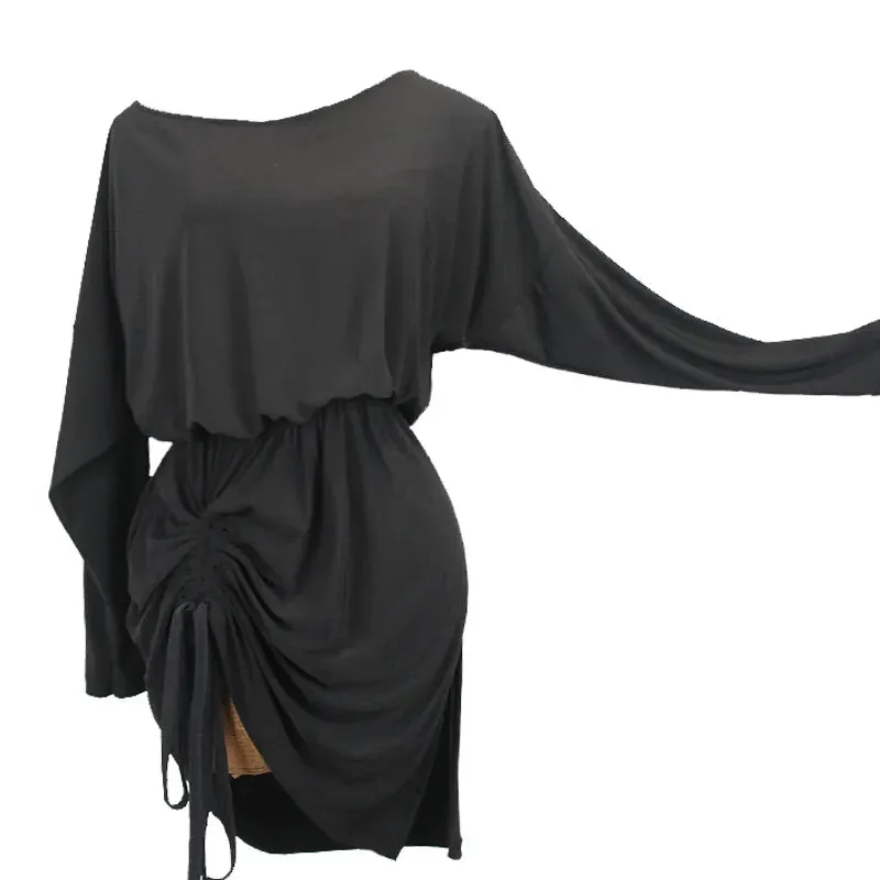 Latin dance clothing adult women's long-sleeved dance slanted shoulder drawstring clothing exercise dance dress skirt