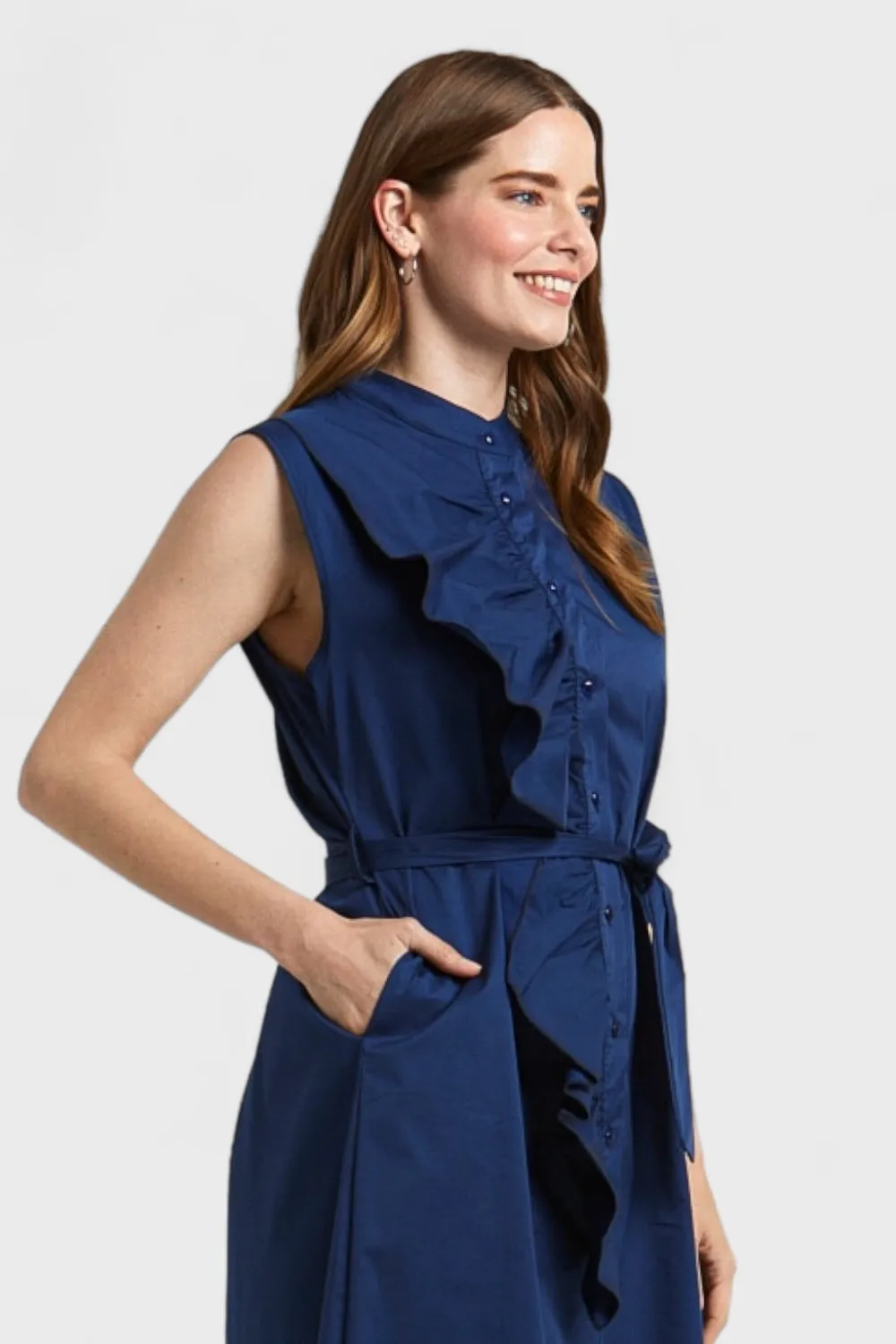 Lauren Navy Blue Ruffled Shirt Dress