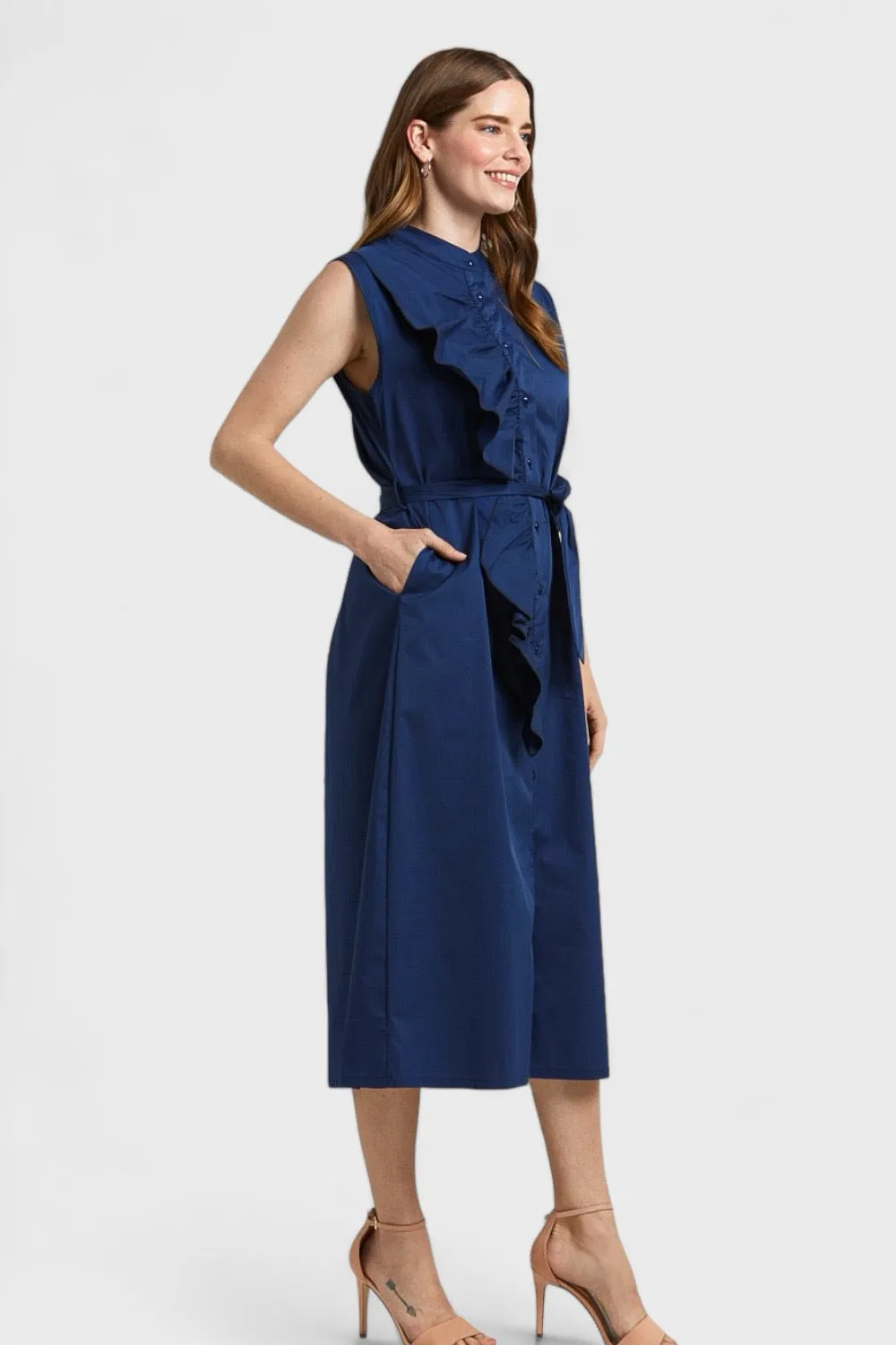 Lauren Navy Blue Ruffled Shirt Dress