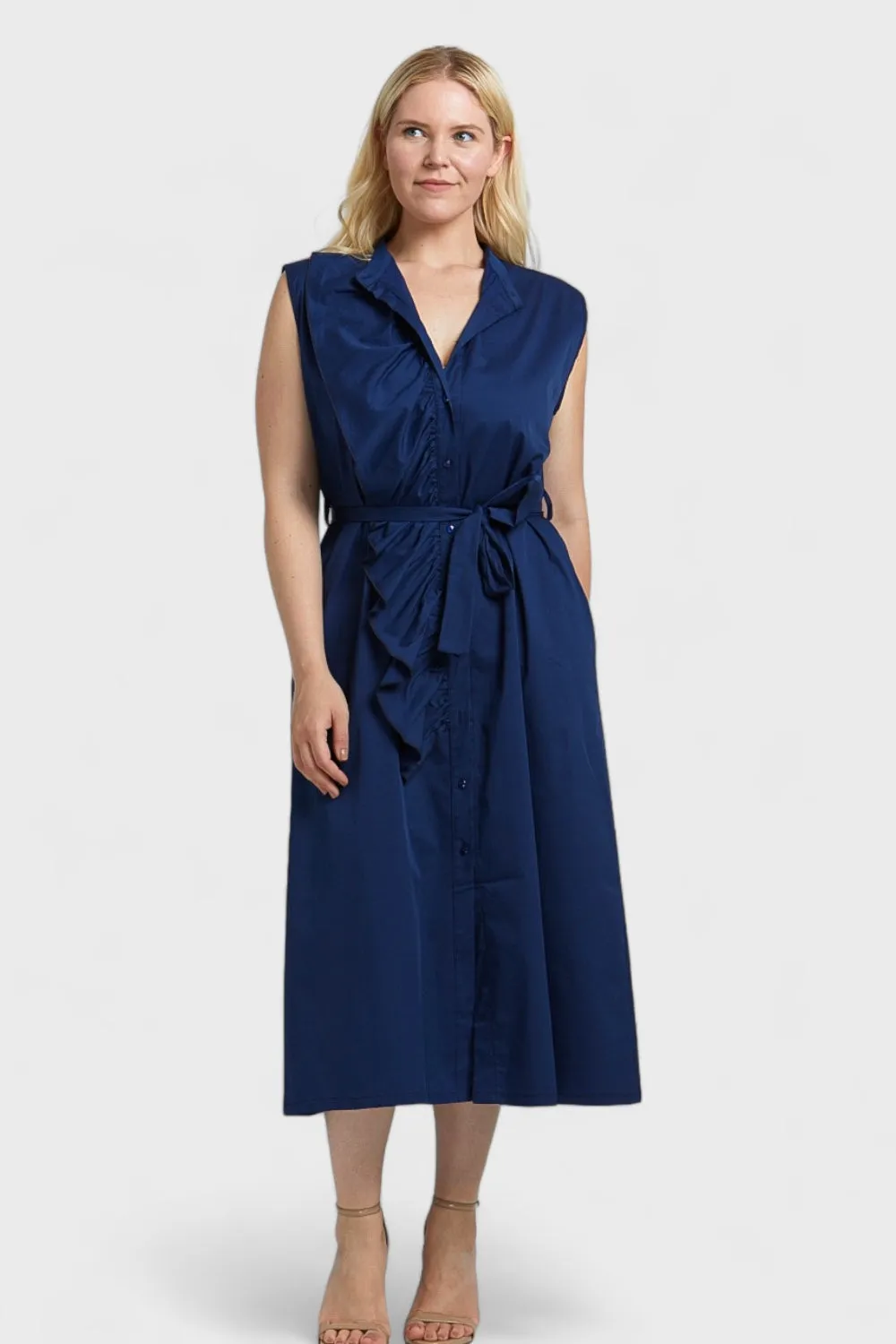 Lauren Navy Blue Ruffled Shirt Dress