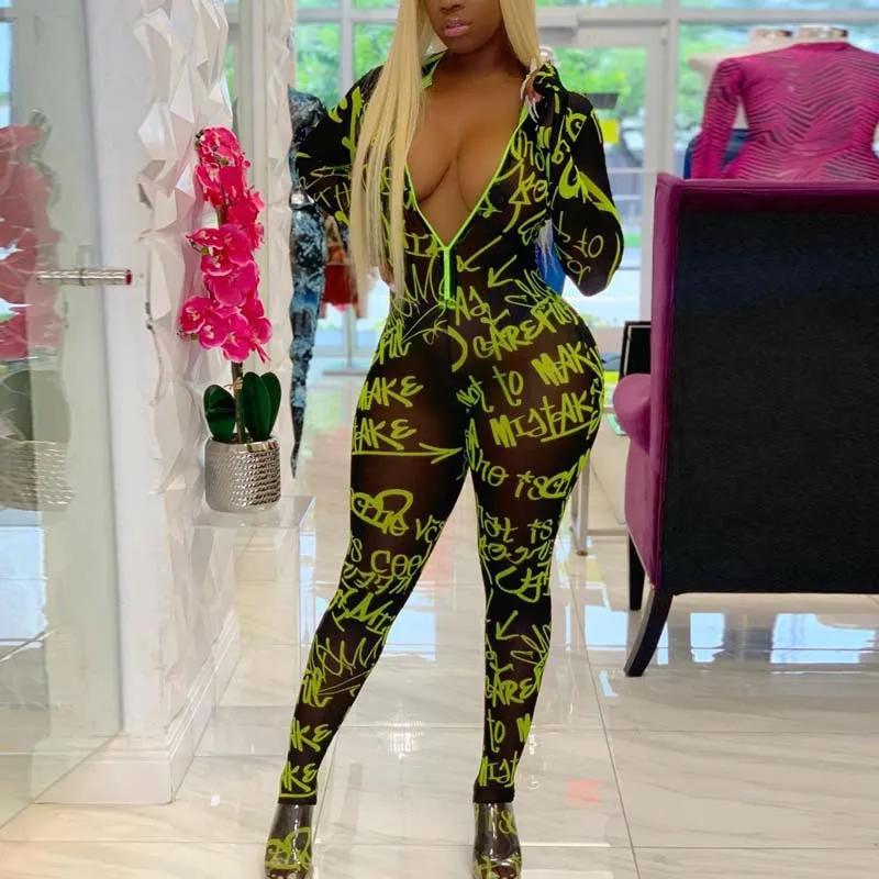 Letter Print Long Sleeveless Zipper Design Sheer Mesh Jumpsuit