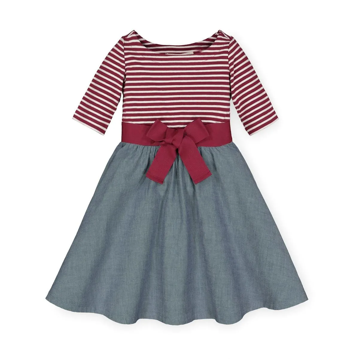 Lightweight Blocked Skater Dress - Berry Stripe with Chambray