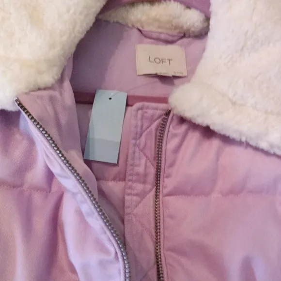 LOFT Petite Shearling Collar Puffer Jacket in Sheer Violet Zip Up Size S NWT