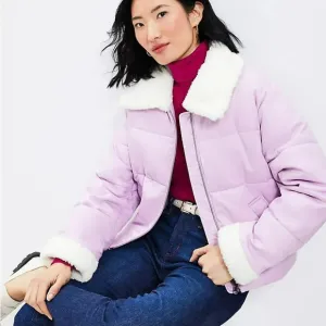LOFT Petite Shearling Collar Puffer Jacket in Sheer Violet Zip Up Size S NWT