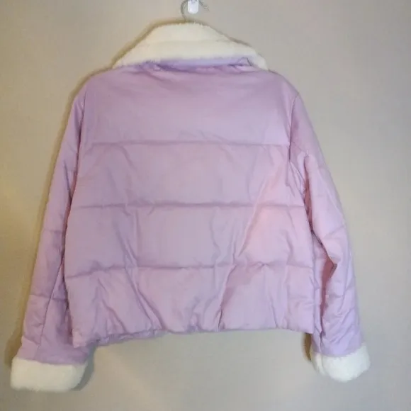 LOFT Petite Shearling Collar Puffer Jacket in Sheer Violet Zip Up Size S NWT