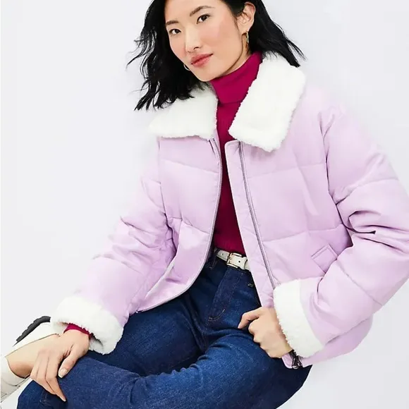 LOFT Petite Shearling Collar Puffer Jacket in Sheer Violet Zip Up Size S NWT