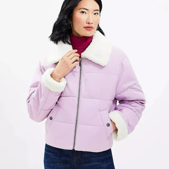 LOFT Petite Shearling Collar Puffer Jacket in Sheer Violet Zip Up Size S NWT