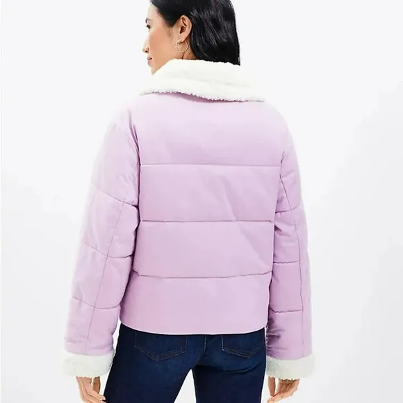 LOFT Petite Shearling Collar Puffer Jacket in Sheer Violet Zip Up Size S NWT