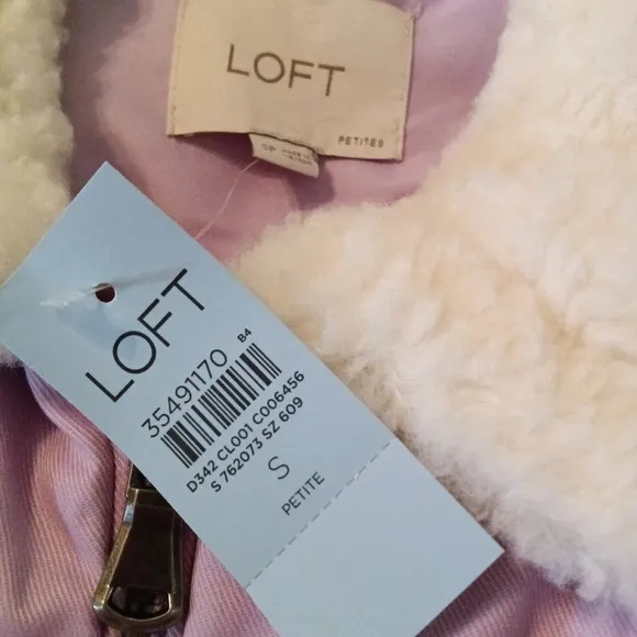 LOFT Petite Shearling Collar Puffer Jacket in Sheer Violet Zip Up Size S NWT