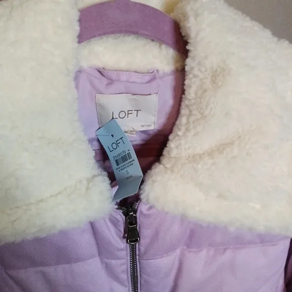 LOFT Petite Shearling Collar Puffer Jacket in Sheer Violet Zip Up Size S NWT
