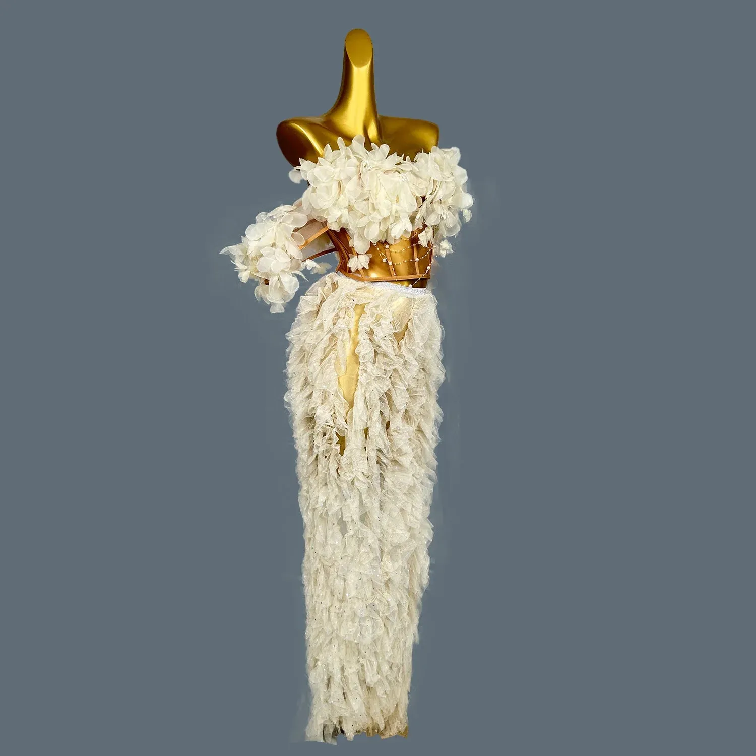 Long Elegant White Flower Banquet Dress