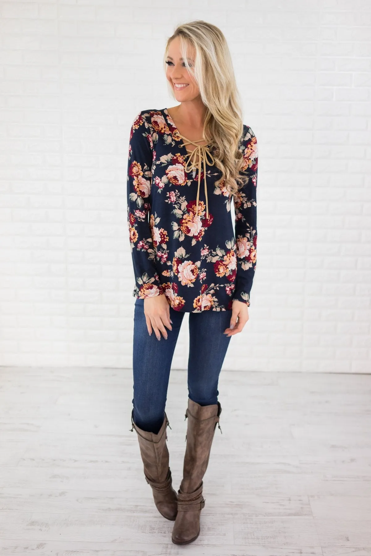 Long Sleeve Navy Floral Lace Up Top