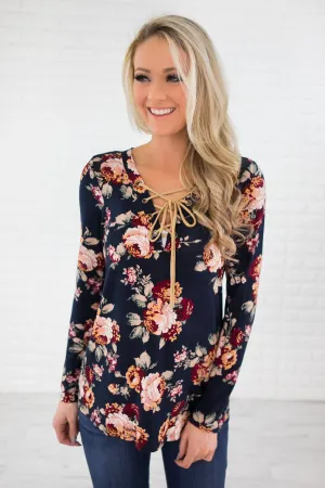 Long Sleeve Navy Floral Lace Up Top