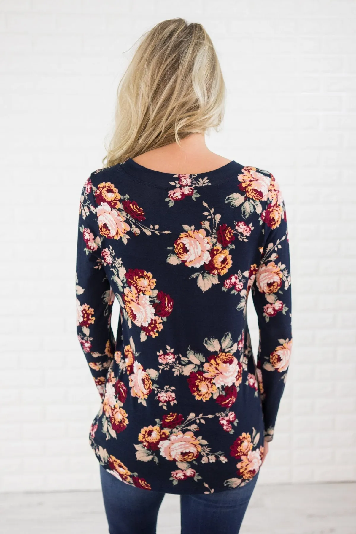 Long Sleeve Navy Floral Lace Up Top
