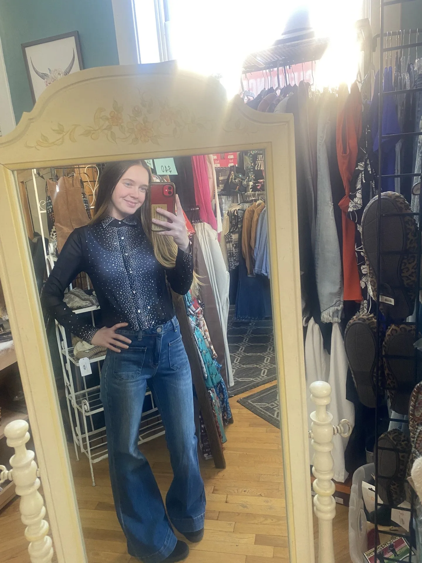 Long Sleeve Rhinestone Mesh Cropped Blouse
