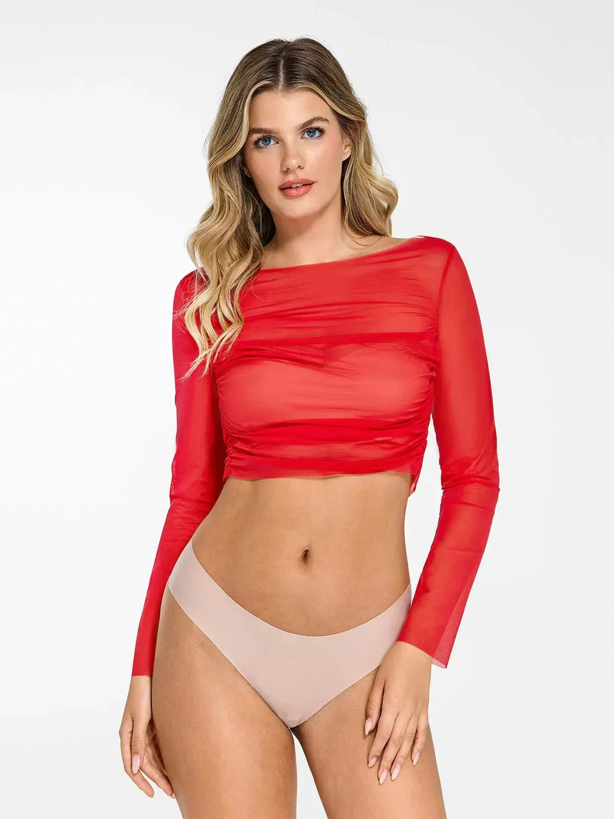 Long Sleeve Ruched Sheer Mesh Crop Top
