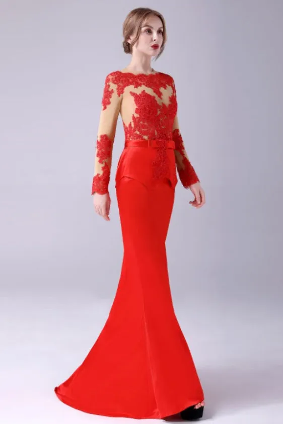 Long sleeves Jewel lace Mermaid Floor Length mother's dress