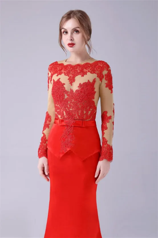 Long sleeves Jewel lace Mermaid Floor Length mother's dress