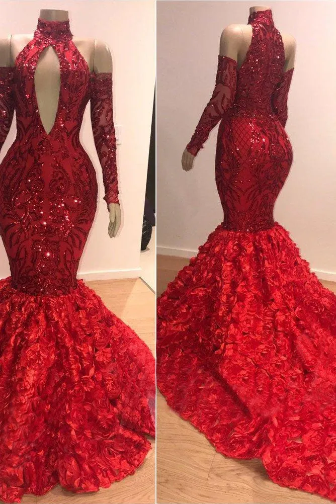 Long Sleeves Modest Halter Mermaid Prom Dress Sequins Long Red