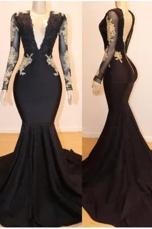 Long Sleevess Appliques Mermaid V-neck Long Prom Dresses