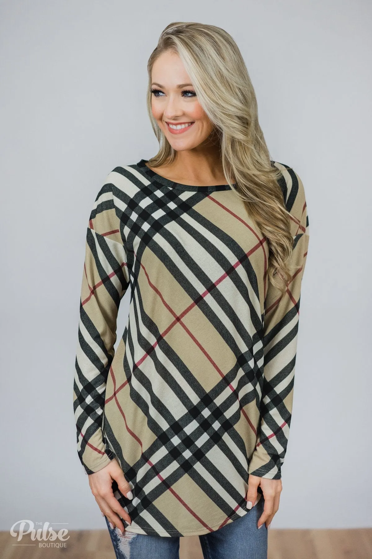 Look This Way Plaid Top- Beige, Black, Burgundy