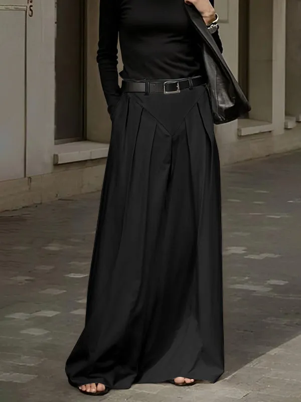 Loose Belted Pleated Pockets Solid Color Split-Joint Zipper Skirts Bottoms