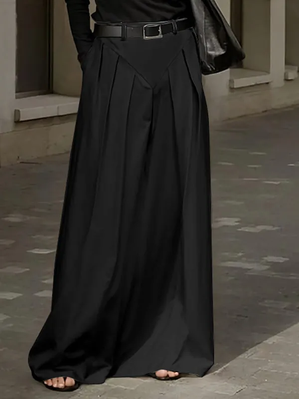 Loose Belted Pleated Pockets Solid Color Split-Joint Zipper Skirts Bottoms