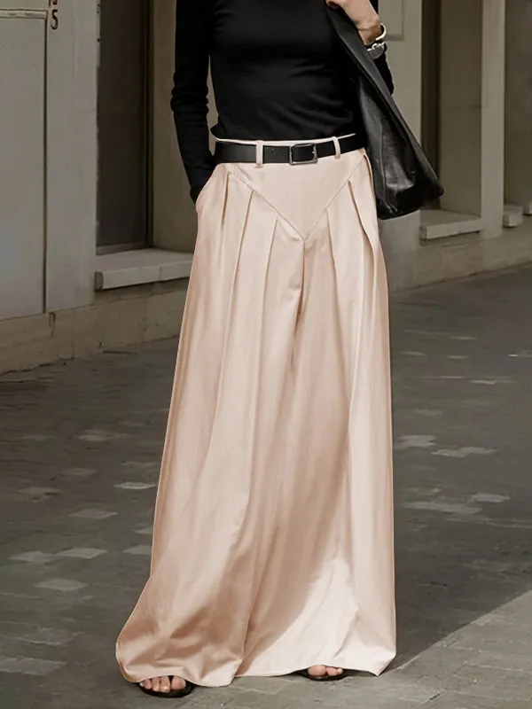 Loose Belted Pleated Pockets Solid Color Split-Joint Zipper Skirts Bottoms