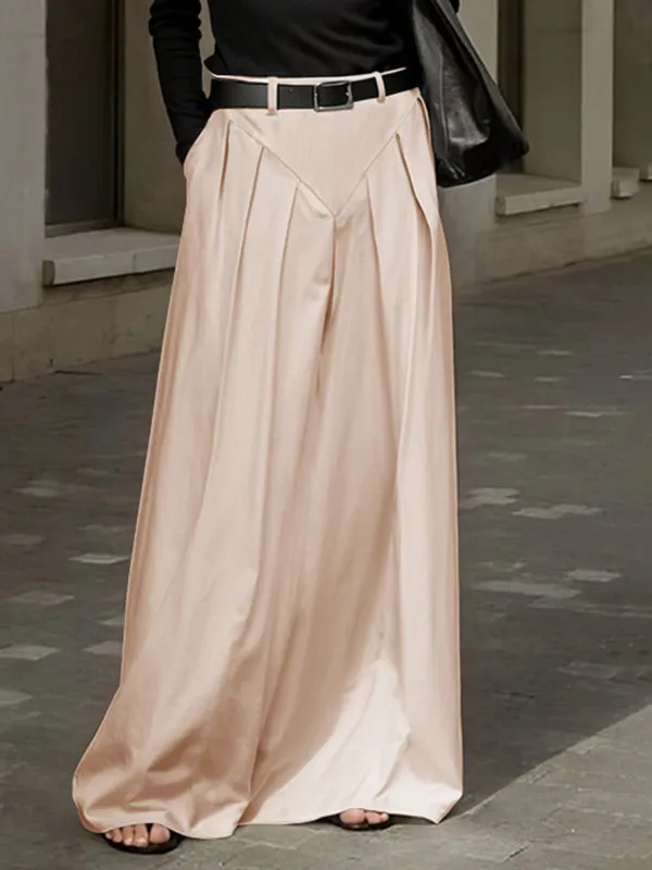 Loose Belted Pleated Pockets Solid Color Split-Joint Zipper Skirts Bottoms